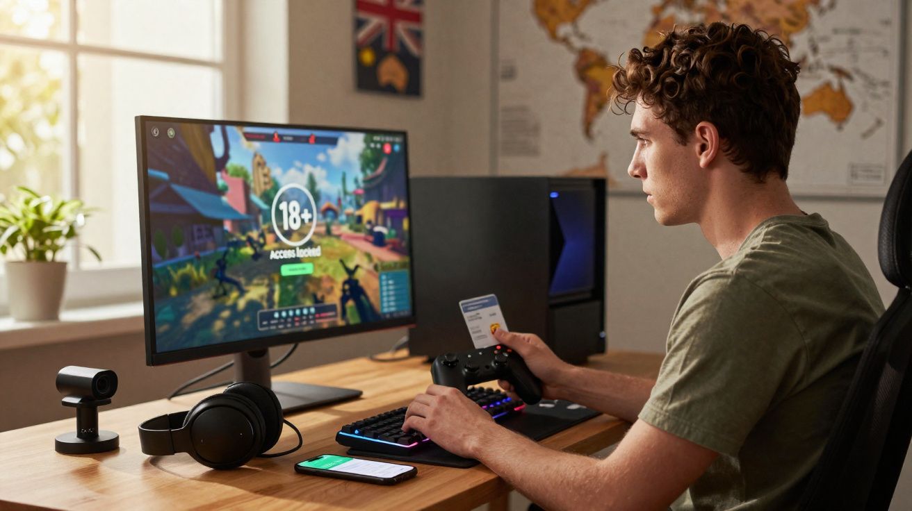 Jovem sentado à mesa com controle de videogame em mãos, tela mostra bloqueio para maiores de 18 anos.