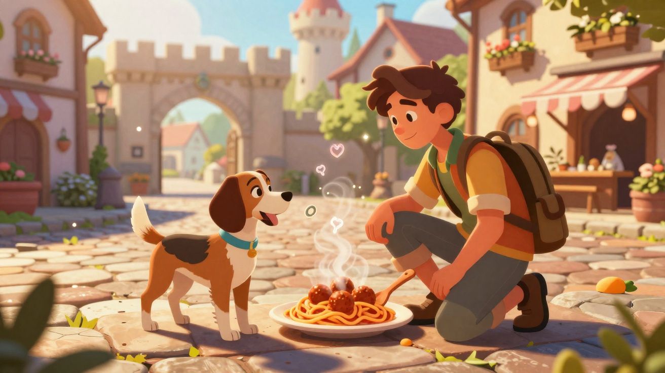 Jovem ajoelhado oferece prato de espaguete com almôndegas para cachorro em vila ensolarada e colorida.