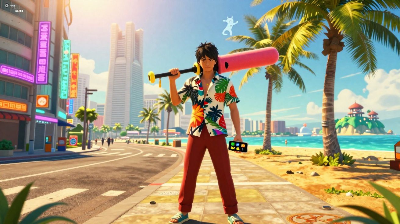 Jovem de camiseta florida e calça vermelha em calçadão de praia com taco rosa apoiado no ombro.