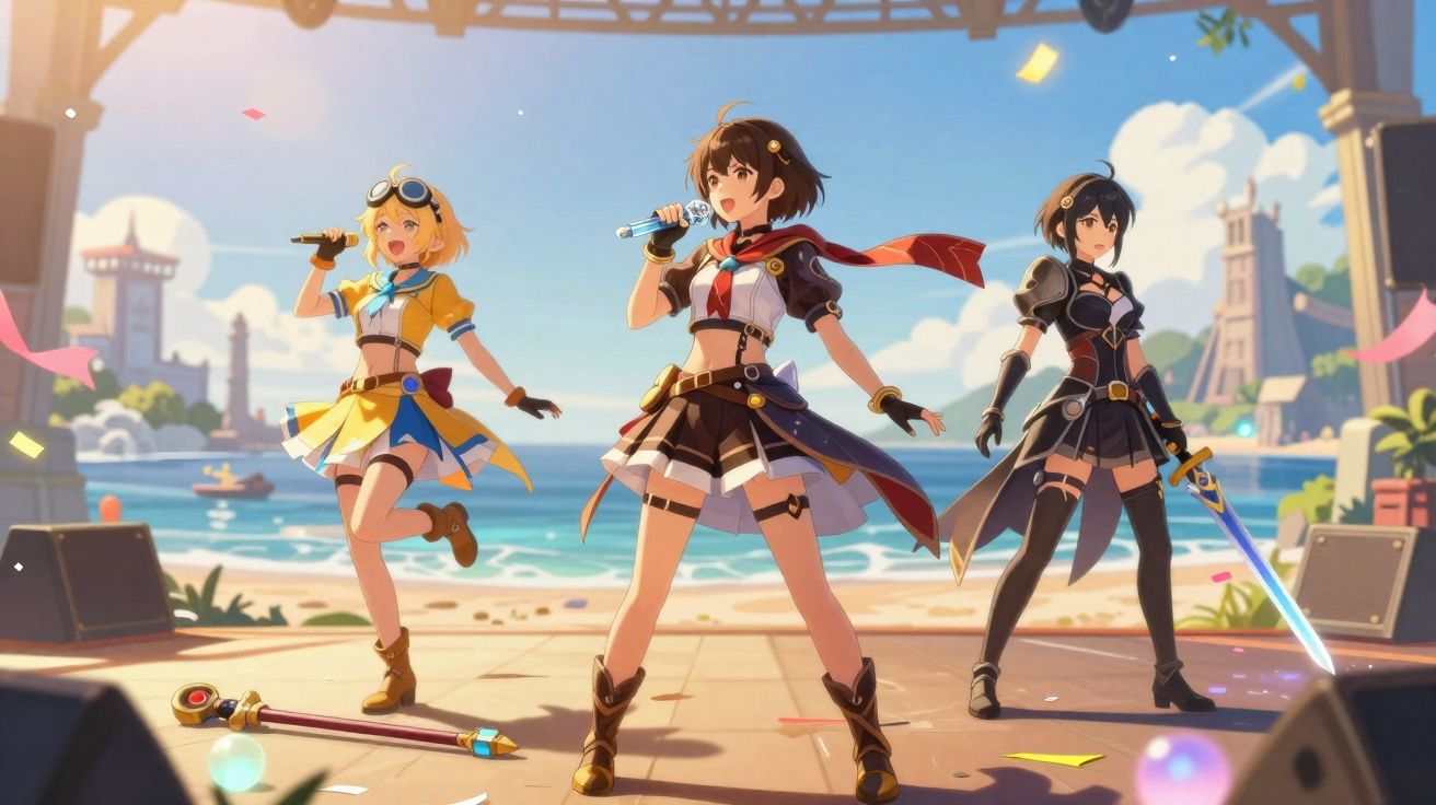 Três personagens femininas animadas cantando e dançando em um palco ao ar livre próximo ao mar.