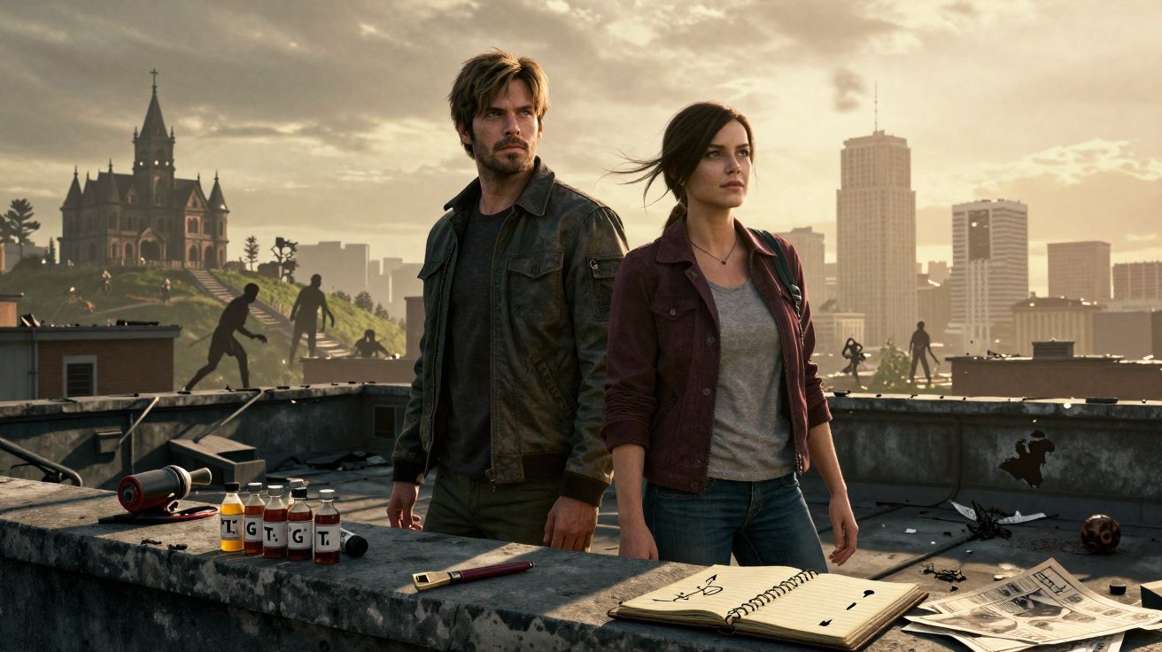 Dois adultos em um telhado com prédios e figuras sombreadas ao fundo ao entardecer.