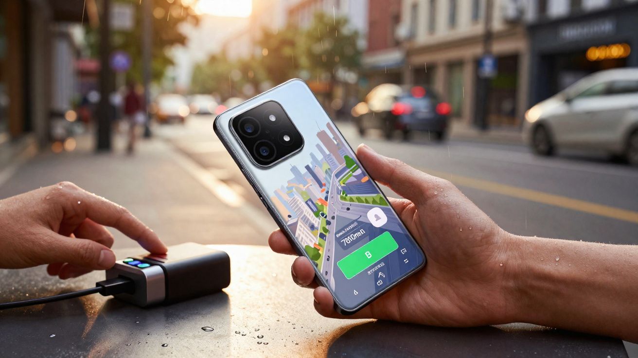 Pessoa segurando smartphone com aplicativo de navegação e carregador portátil em mesa ao ar livre.