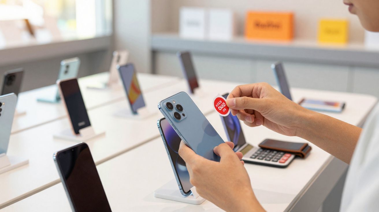 Pessoa segurando um smartphone azul e etiqueta "não oid do" em loja de eletrônicos com vários celulares expostos.