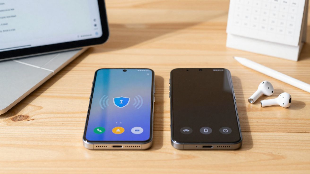 Dois smartphones lado a lado sobre mesa de madeira, com fones de ouvido brancos, laptop e calendário ao fundo.