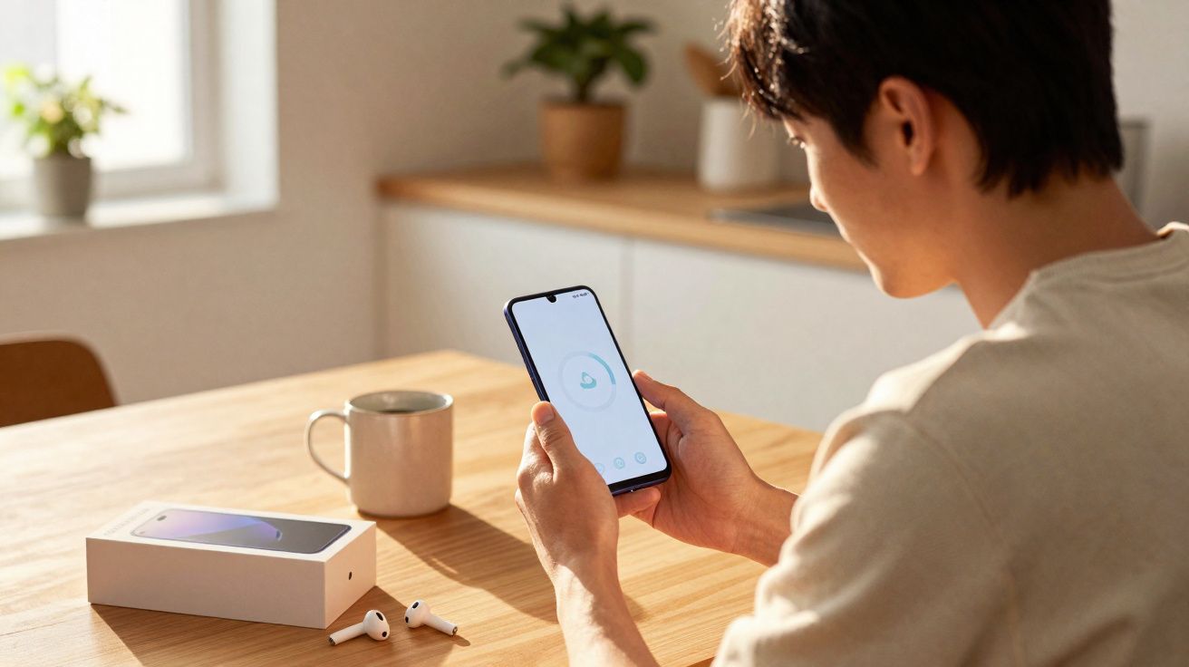 Homem sentado à mesa usando celular com caixa e fones wireless ao lado em ambiente iluminado.