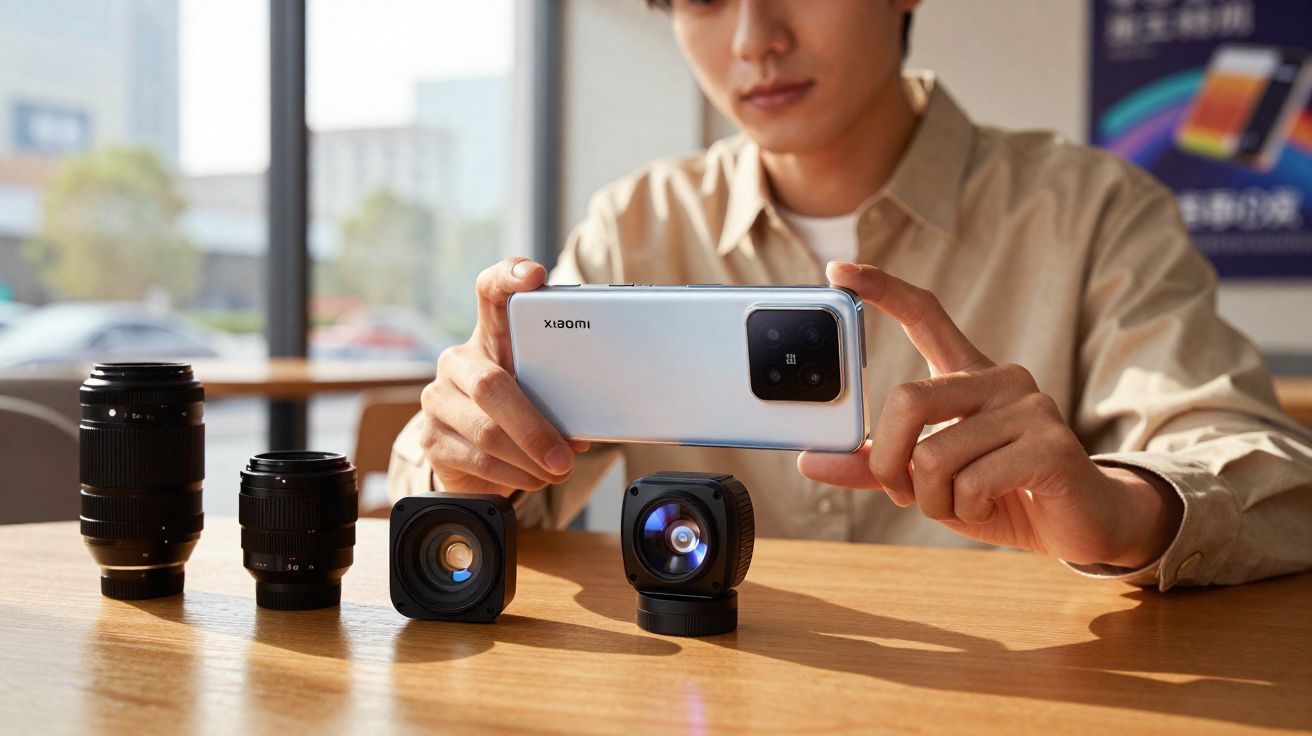 Pessoa usando celular Xiaomi para fotografar conjunto de lentes de câmera sobre mesa de madeira.