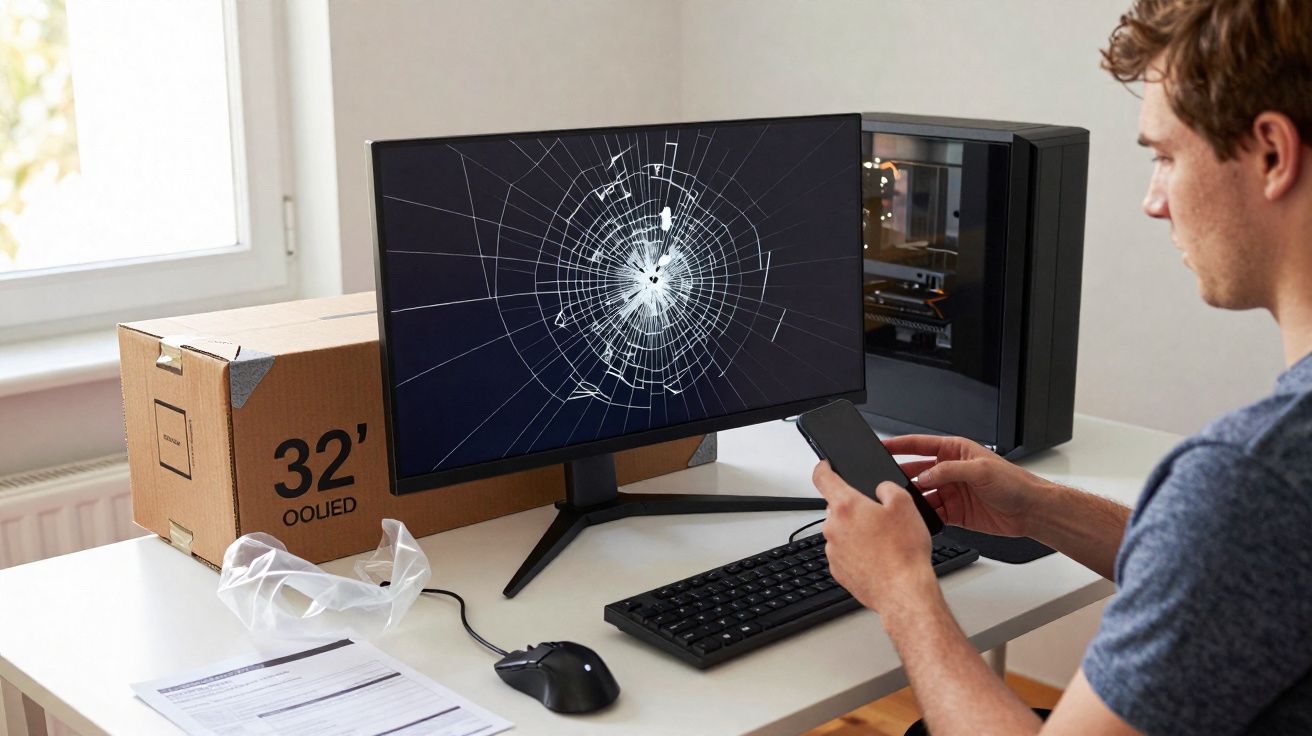 Homem olhando para celular ao lado de monitor com tela quebrada em escritório com caixa de monitor.