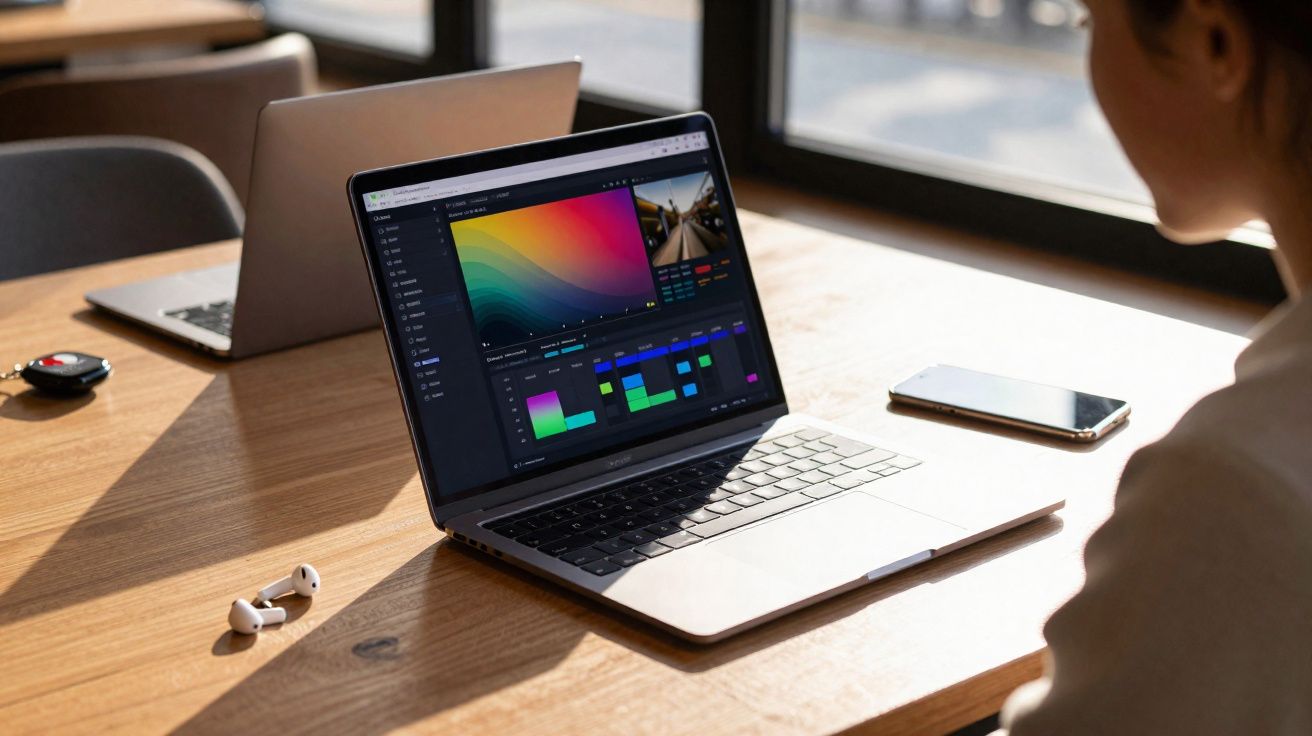 Pessoa sentada em mesa de madeira usando notebook com gráficos coloridos na tela e celular ao lado.