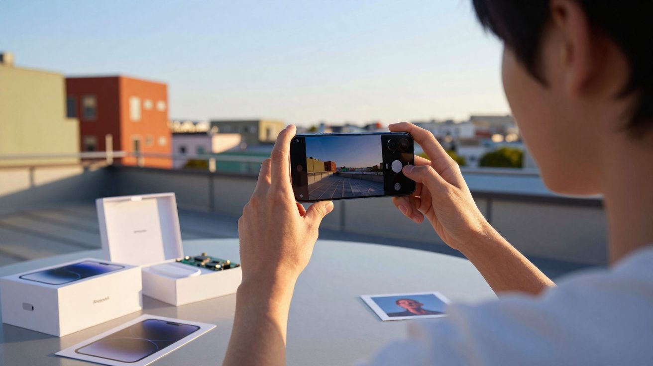 Pessoa tirando foto de paisagem urbana com smartphone em mesa com caixas do telefone e foto impressa.