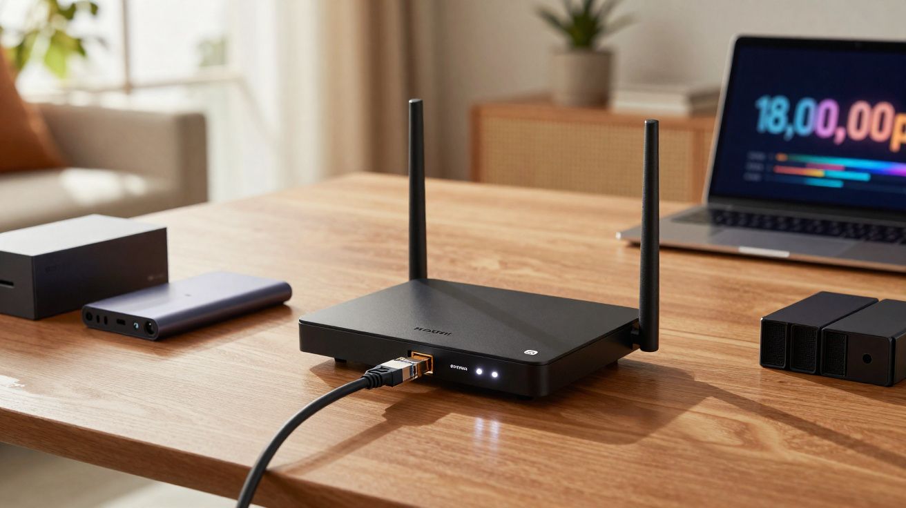 Roteador Wi-Fi com duas antenas e cabo conectado sobre mesa de madeira em ambiente claro e organizado.