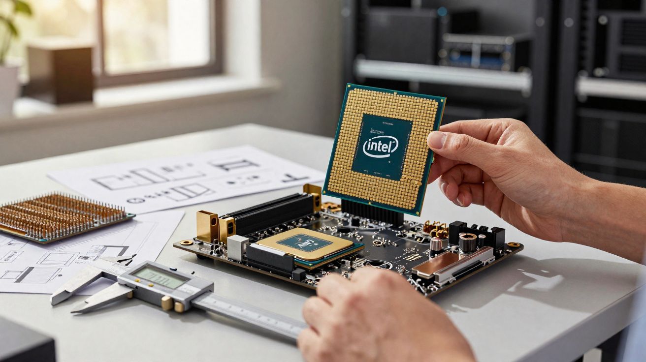 Mãos seguram processador Intel acima de placa-mãe, com ferramentas e esquemas técnicos sobre mesa iluminada.