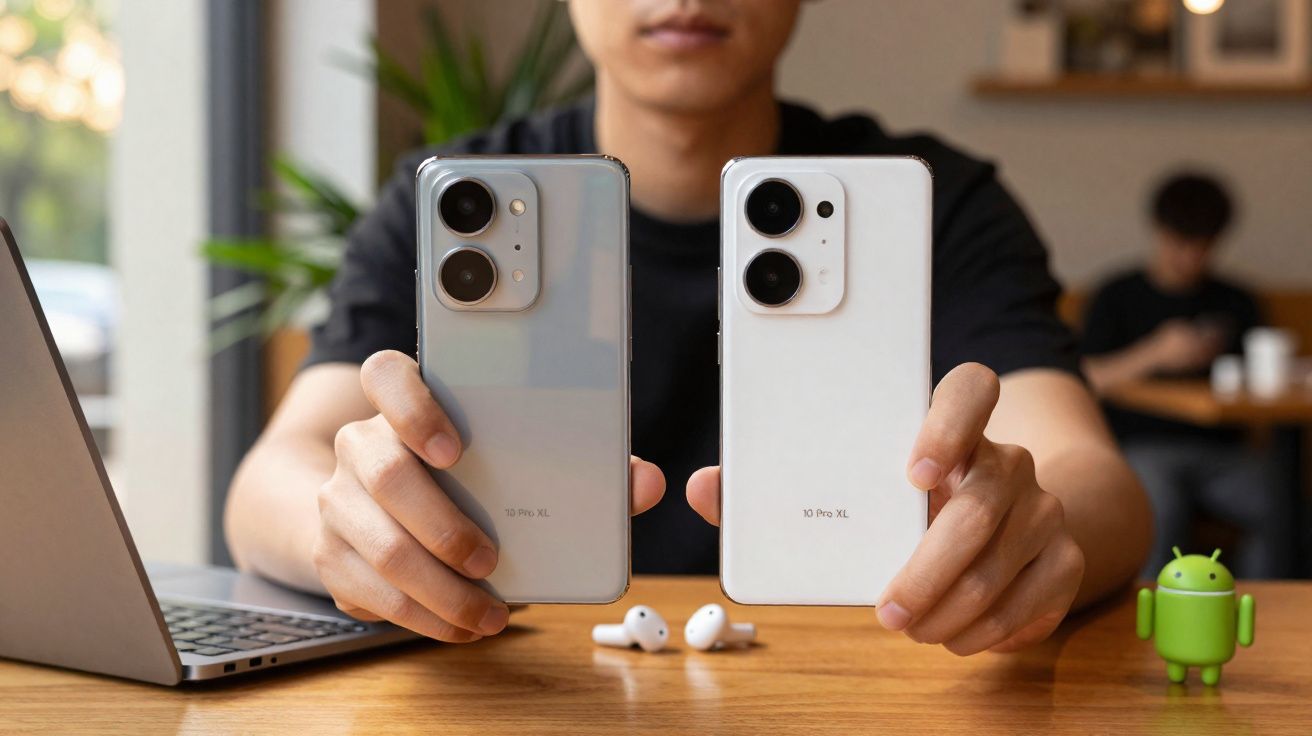 Pessoa segurando dois celulares Xiaomi 13 Pro XL, um cinza e um branco, ao lado de laptop e fones de ouvido.