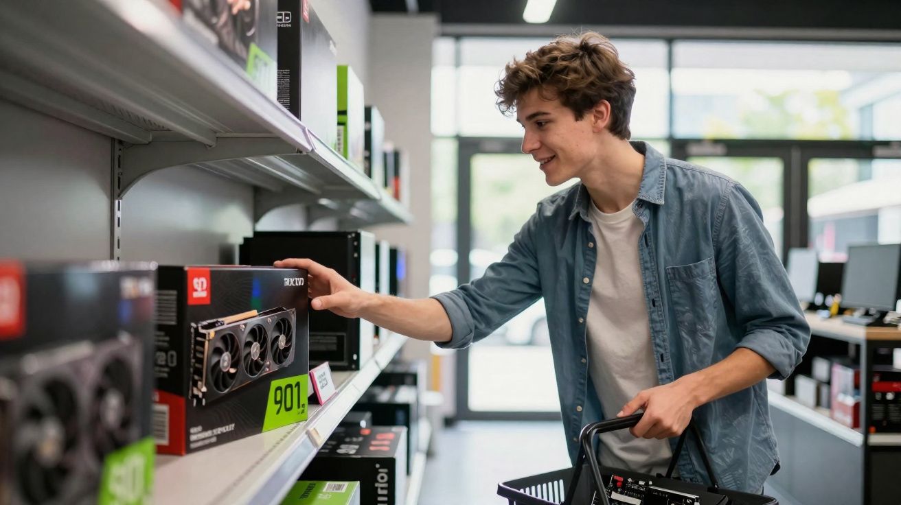 Jovem segurando cesta de compras escolhe placa de vídeo em prateleira de loja de eletrônicos.