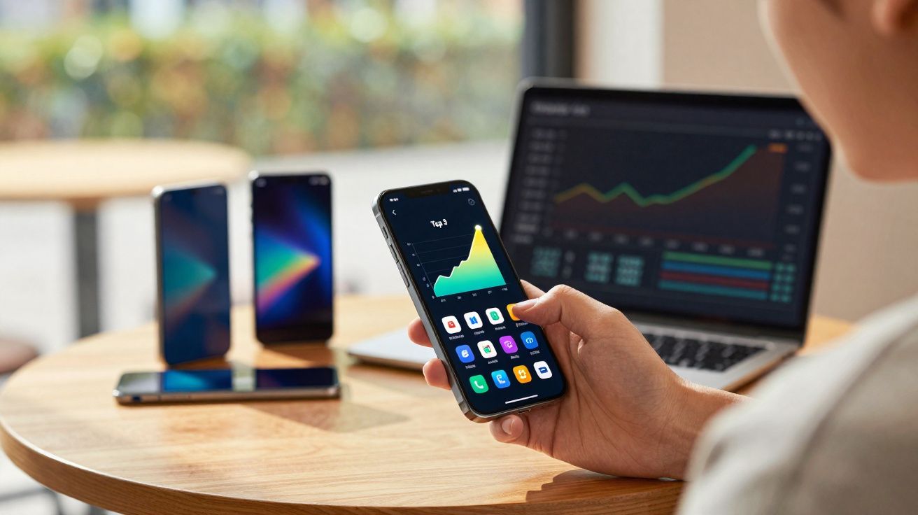 Pessoa segurando celular com gráfico de crescimento, laptops e celulares sobre mesa redonda.