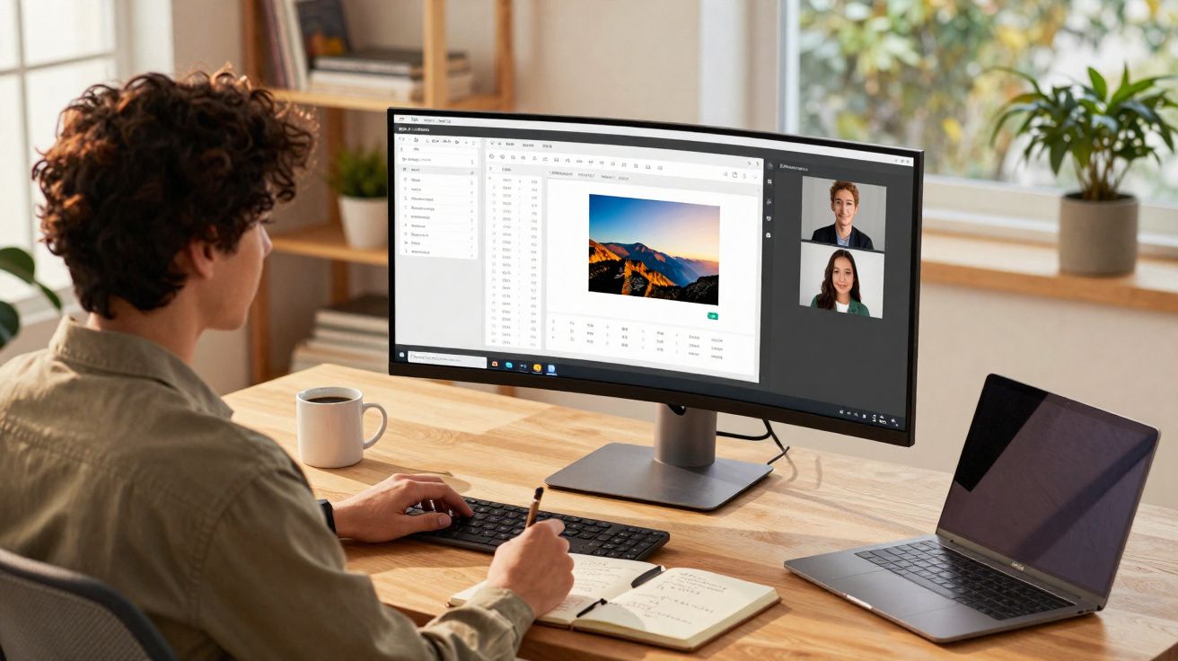 Pessoa trabalha em escritório com monitor ultrawide exibindo videoconferência e edição de imagem.