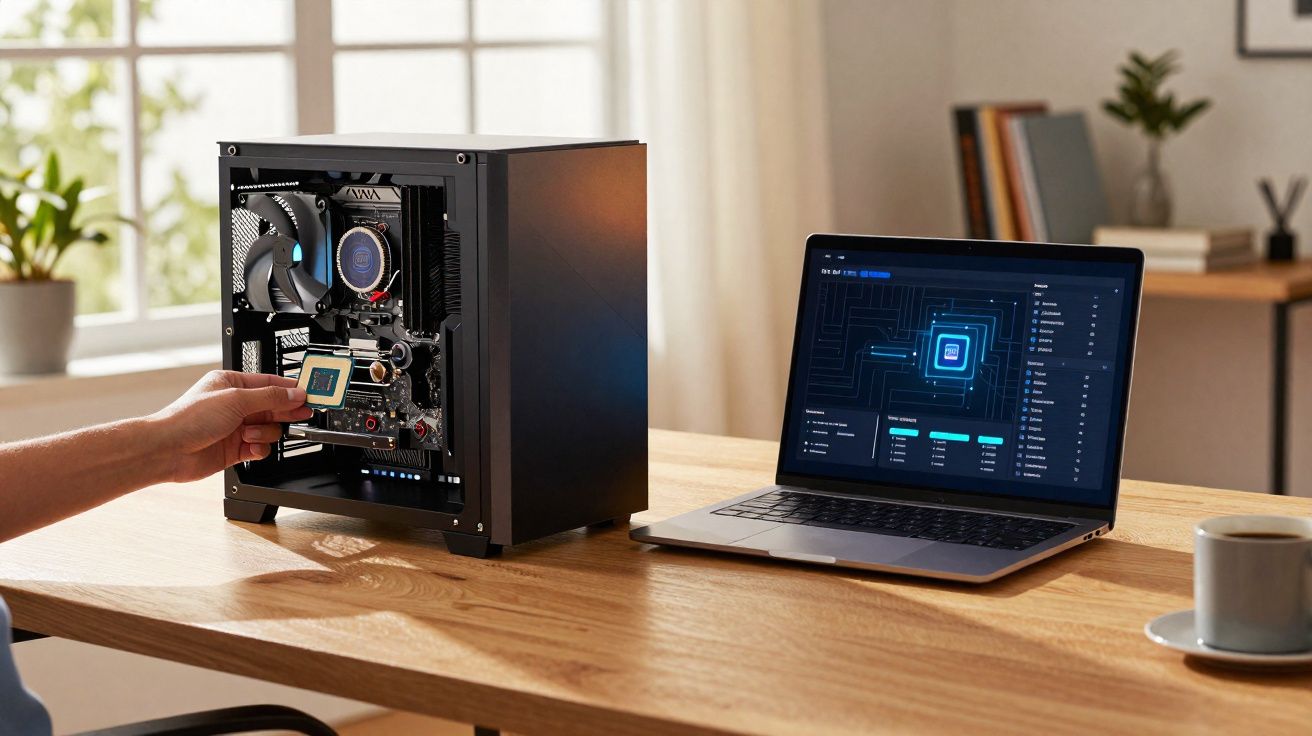 Pessoa instalando processador em gabinete de computador ao lado de notebook em mesa de madeira.