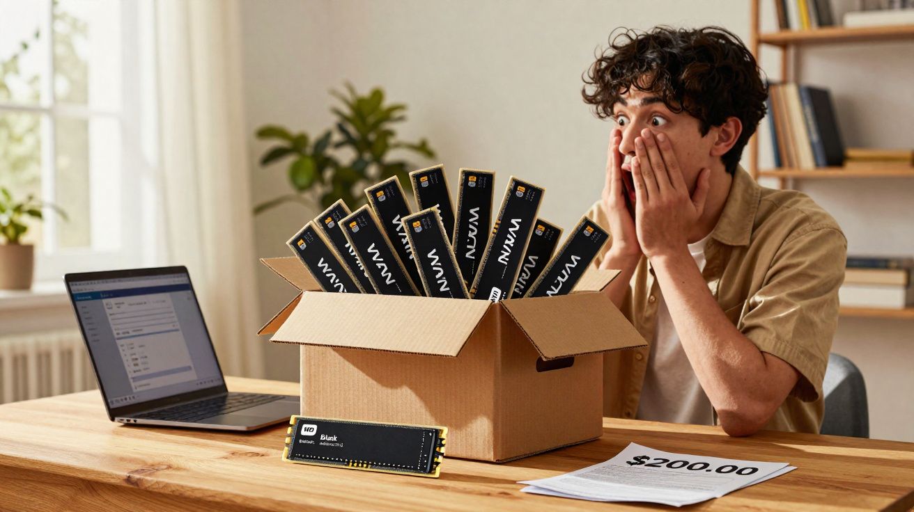 Jovem surpreso com caixa cheia de unidades de SSD WD Black NVMe em mesa com laptop e recibo de $200.00