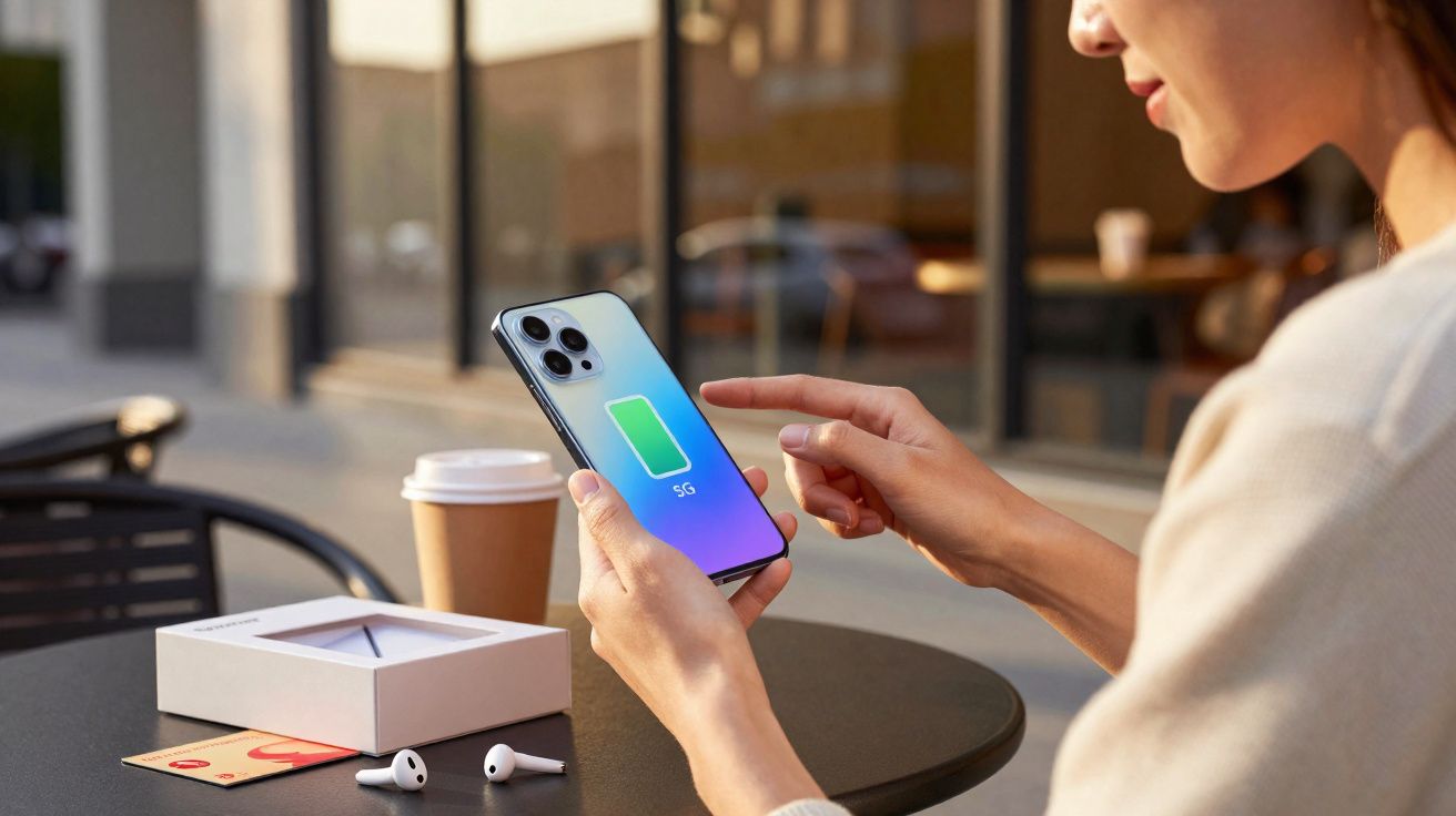 Pessoa segurando celular com ícone de bateria carregando, ao lado de caixa de fones e copo de café em mesa externa.