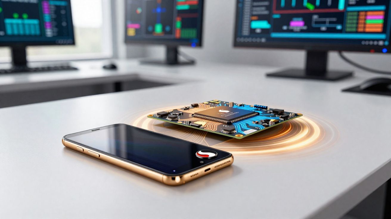 Smartphone dourado ao lado de placa de circuito eletrônico com luzes circulares em mesa de escritório.