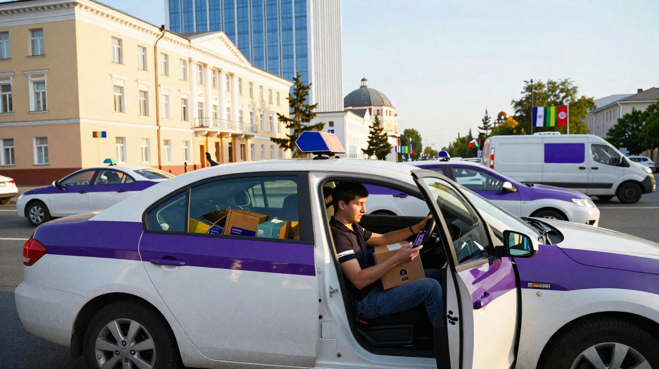 Homem sentado em carro branco e roxo com porta aberta, segurando cartão de crédito, estacionado em rua urbana.