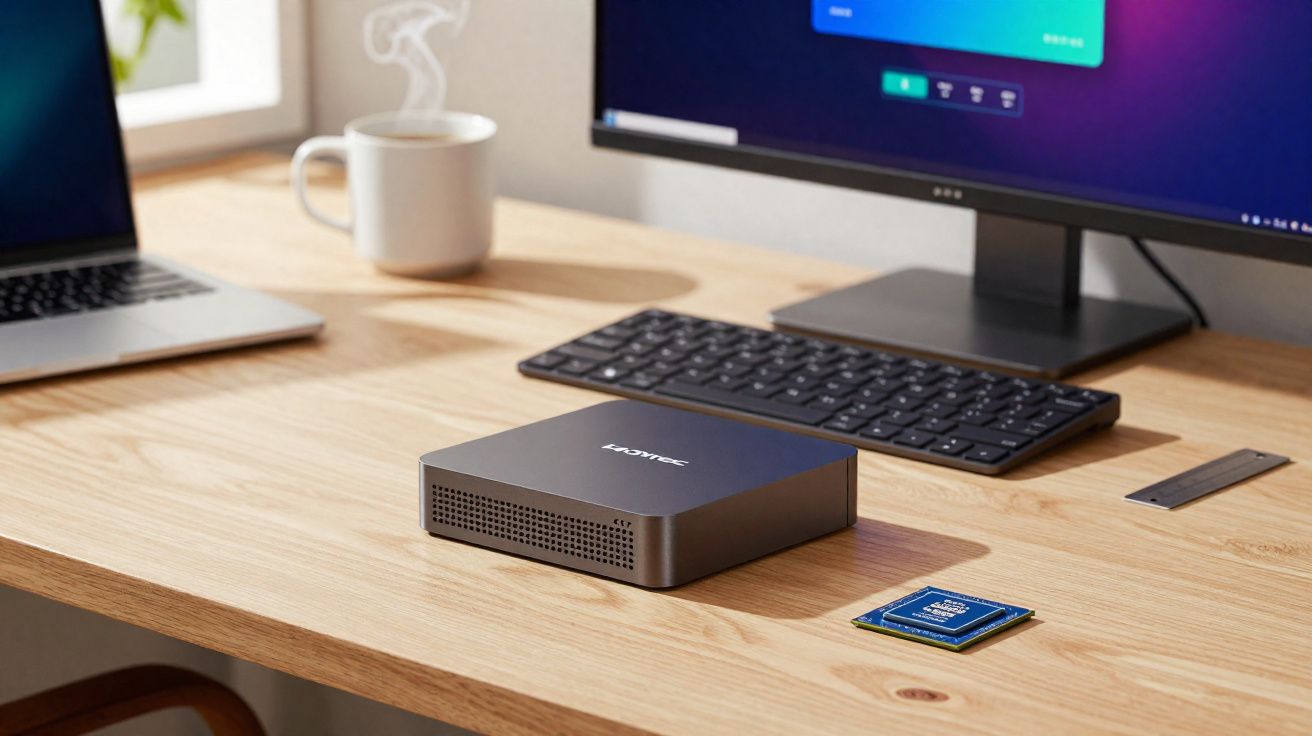 Mesa de madeira com computador, teclado, mini PC, chip e caneca com café fumegante.