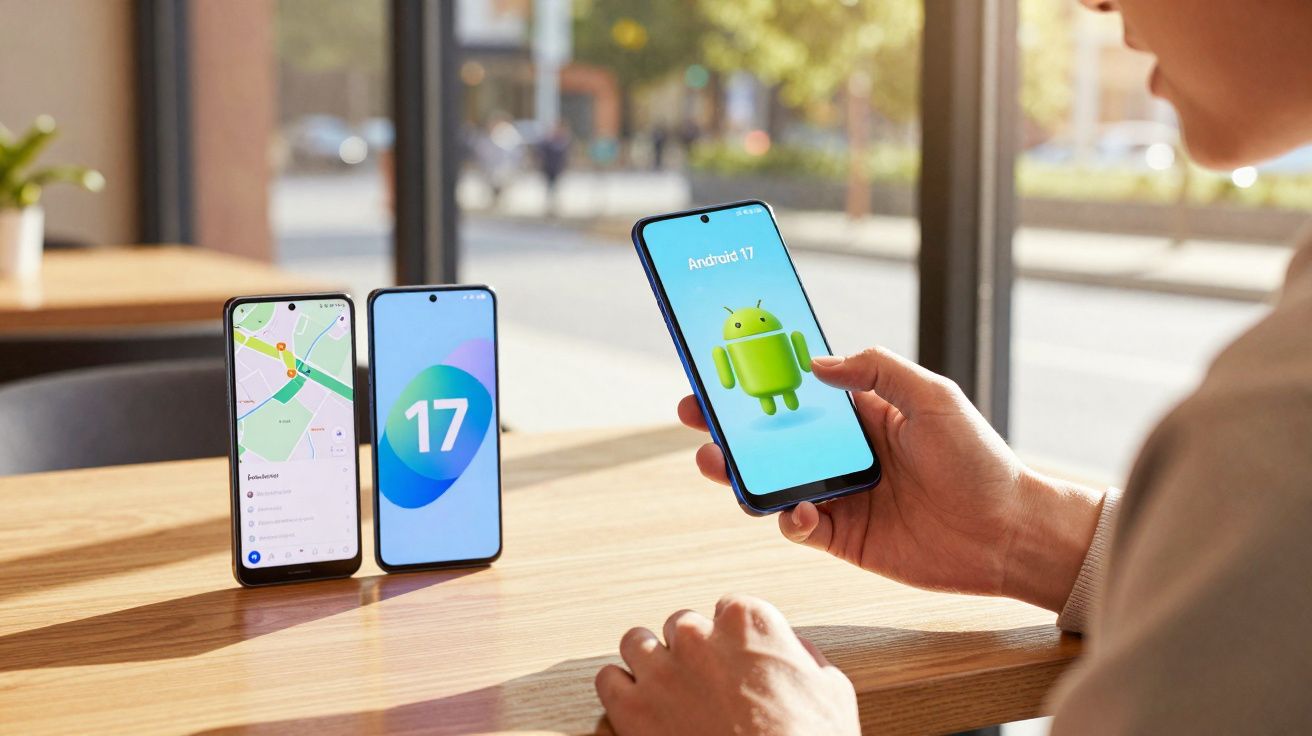 Pessoa segurando smartphone com logo Android 17, dois celulares apoiados com mapa e número 17 na tela.