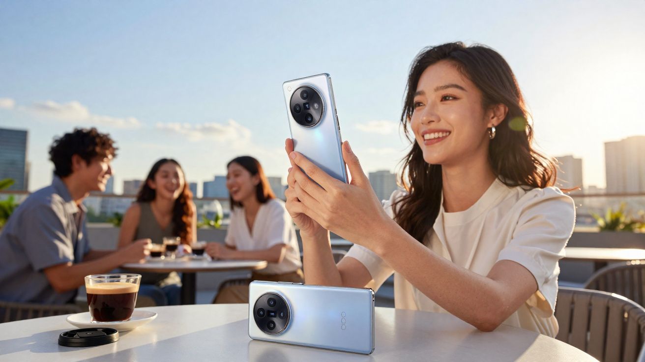 Jovem sorridente segurando smartphone em mesa de café ao ar livre com amigos ao fundo e pôr do sol.