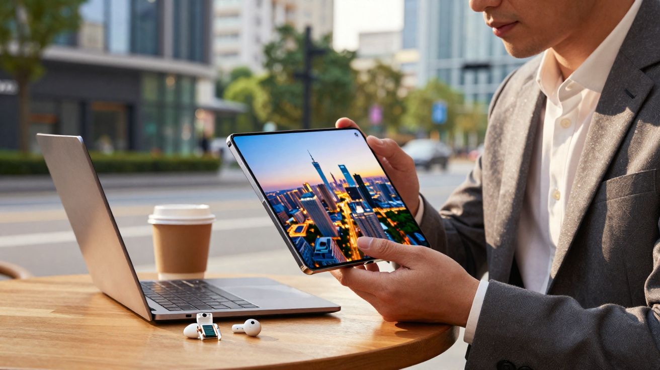Homem de terno segurando tablet com imagem de cidade, ao lado de laptop e copo de café na mesa.