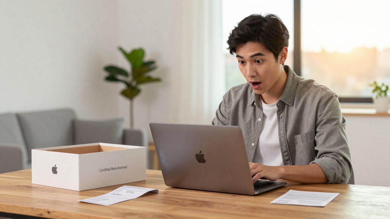 Homem surpreso usando notebook Apple em mesa com caixa e documentos ao redor em ambiente iluminado.