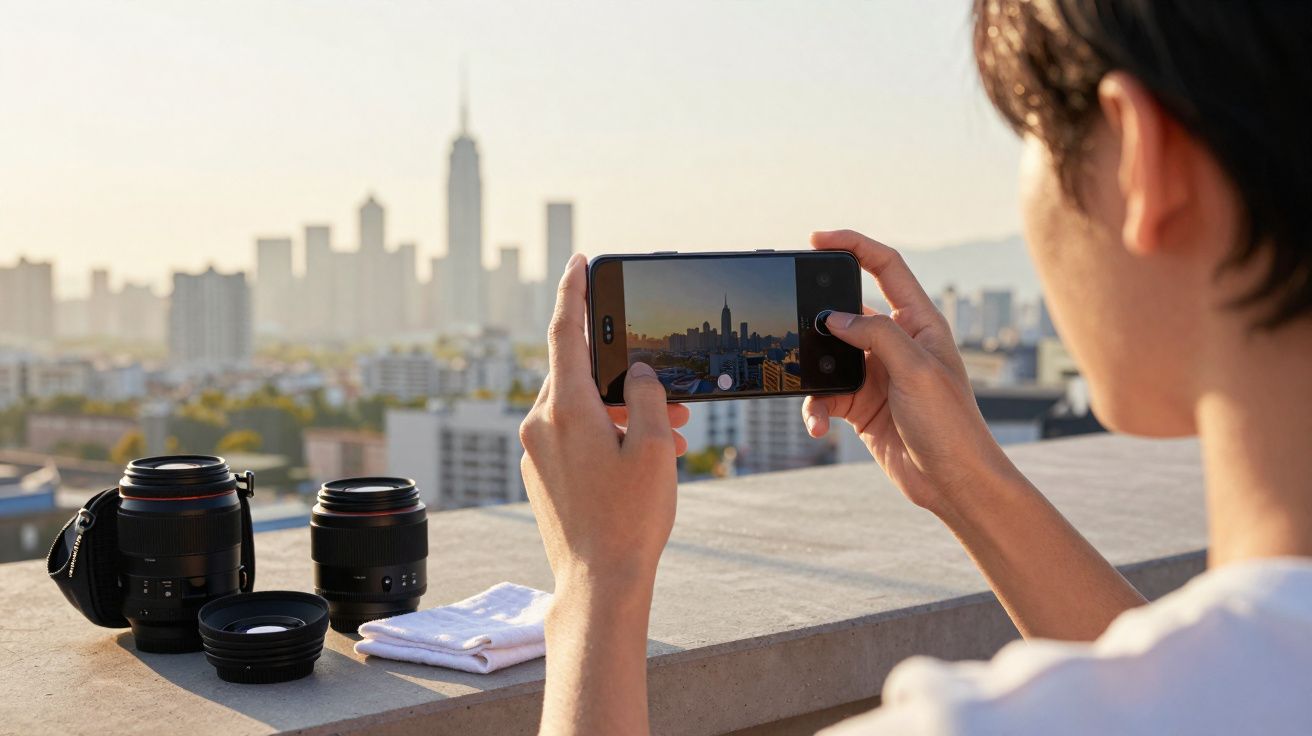 Pessoa tirando foto da cidade com smartphone em terraço, lentes de câmera sobre o muro de concreto.