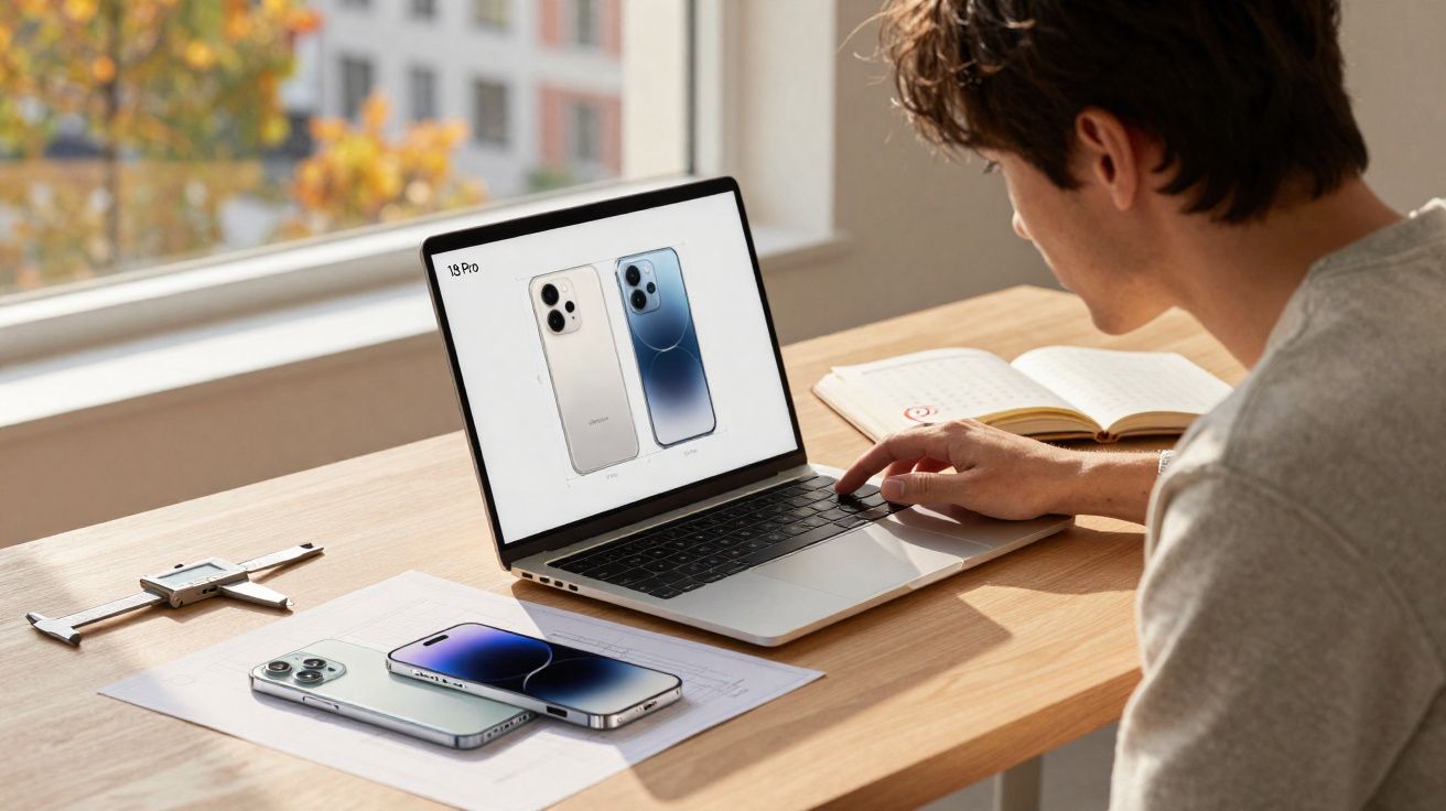 Pessoa acessando página de smartphones em laptop com dois celulares sobre a mesa de madeira.