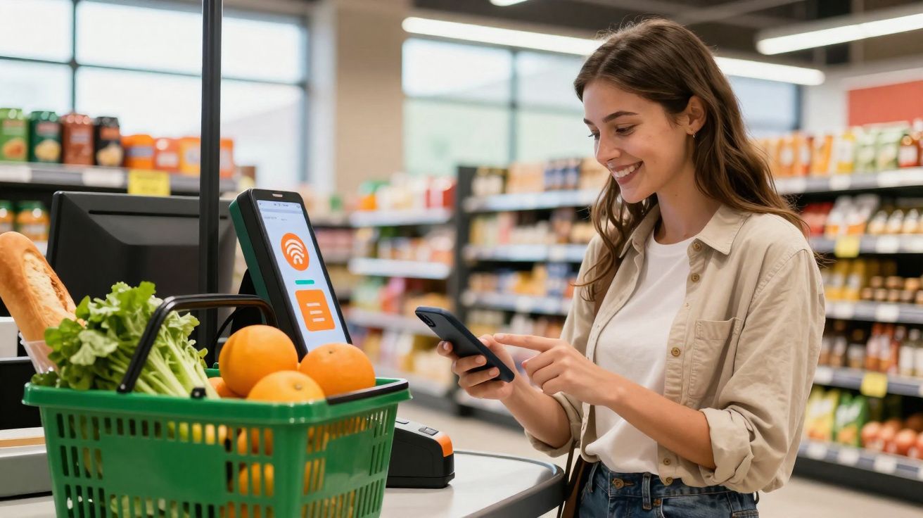 Mulher sorridente usando celular para pagar compras no mercado com cesta de frutas e legumes.