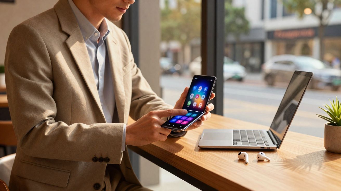 Homem vestido com terno bege usando smartphone dobrável enquanto está sentado à mesa com notebook e fones.