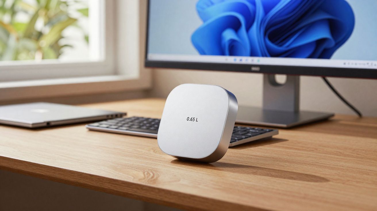 Dispositivo eletrônico branco sobre mesa de madeira com computador, teclado e notebook ao fundo.