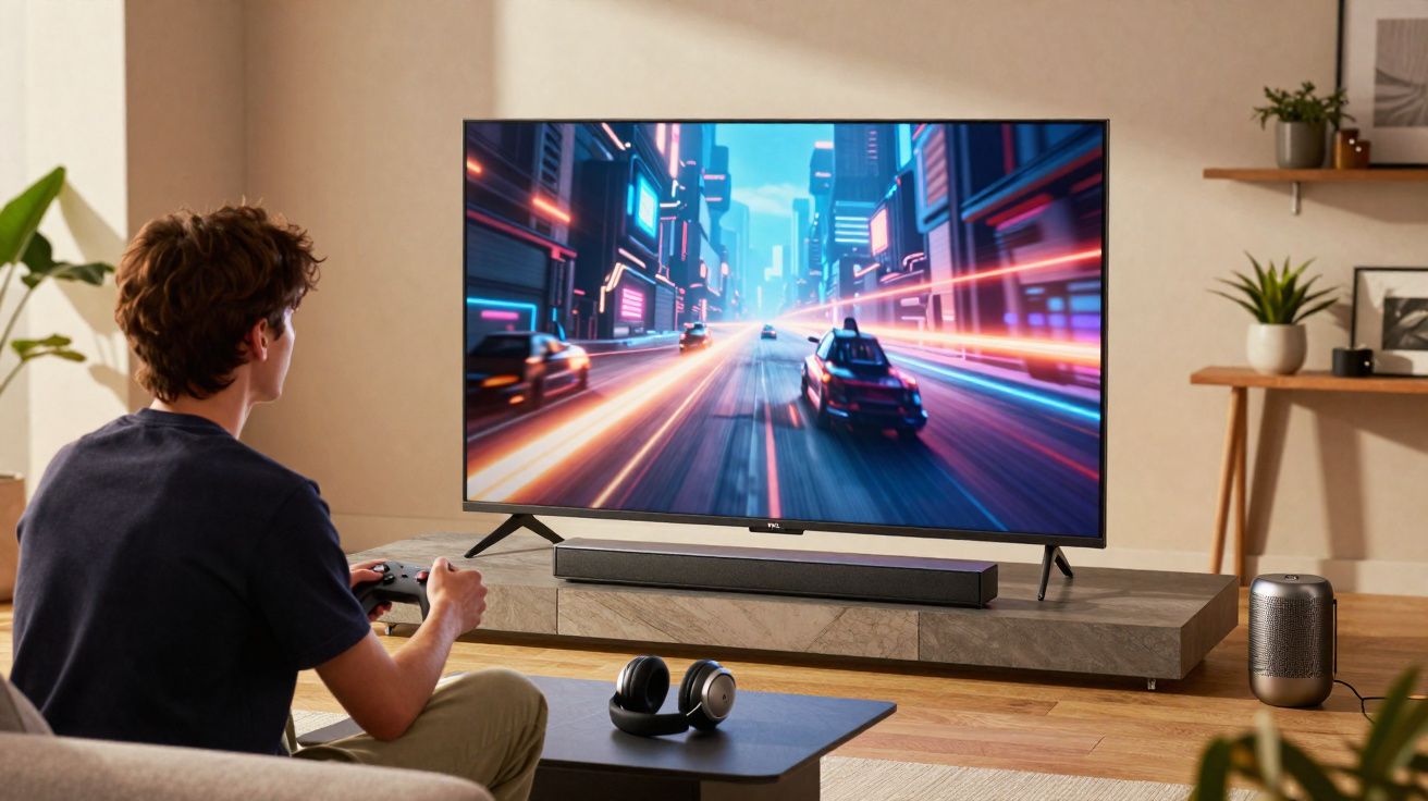 Jovem sentado no sofá jogando videogame com controle, TV grande exibe jogo de corrida futurista.