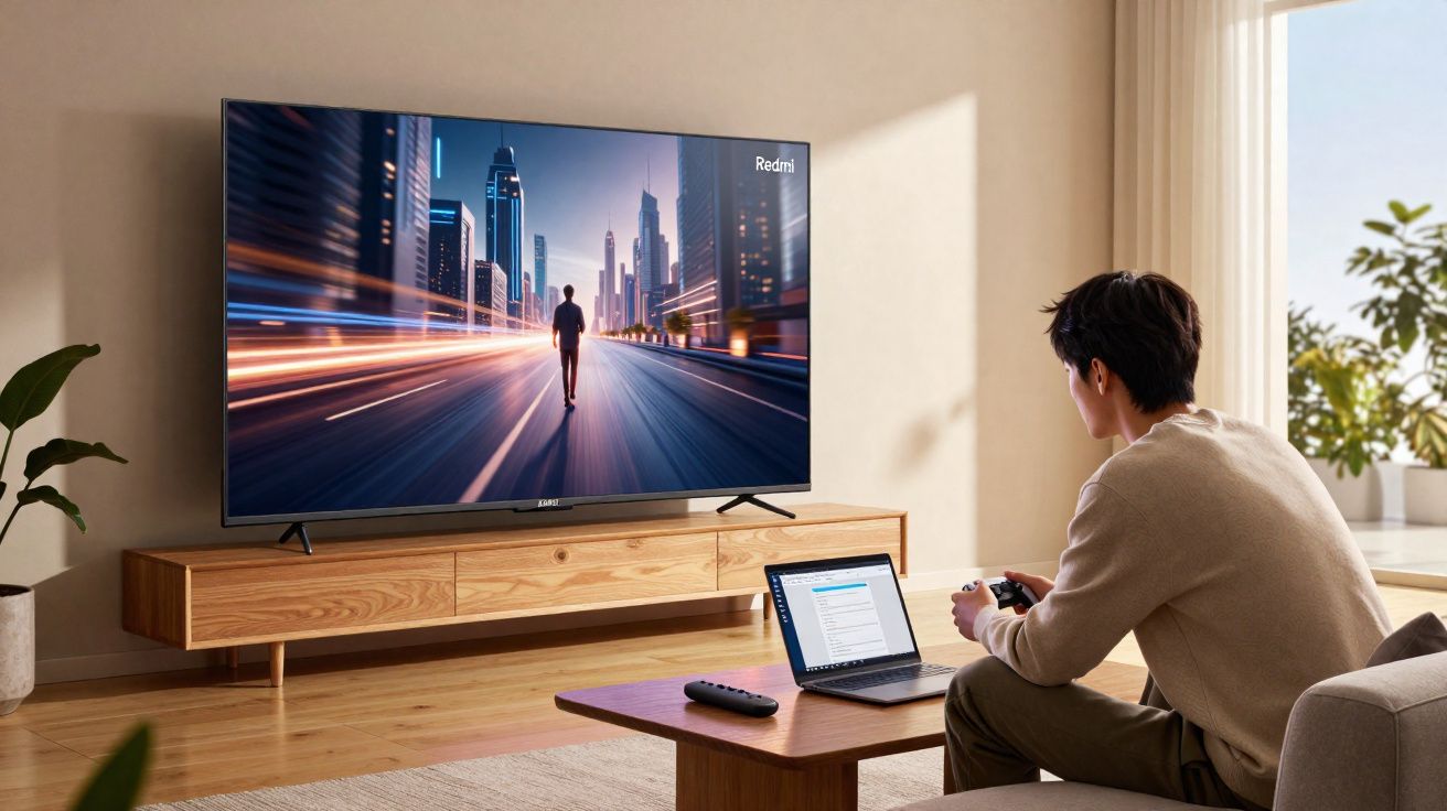 Homem sentado no sofá jogando videogame em frente à TV grande com cenário urbano futurista na tela.