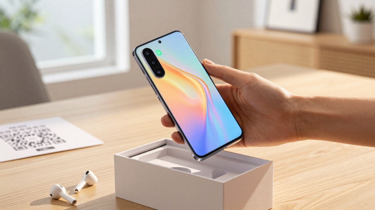 Pessoa segurando smartphone com traseira colorida brilhante sobre caixa branca em mesa de madeira.