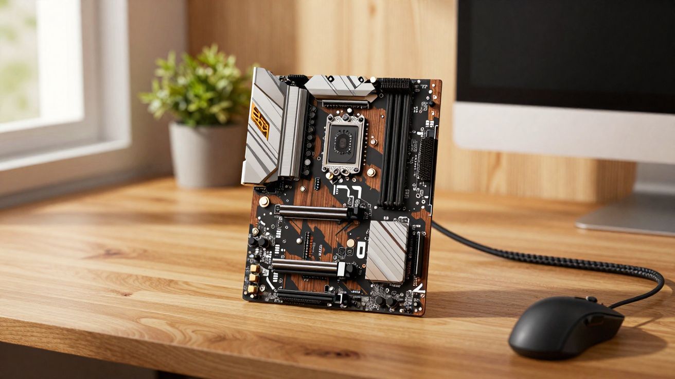 Placa-mãe de computador em pé sobre mesa de madeira ao lado de mouse e planta decorativa em vaso cinza.