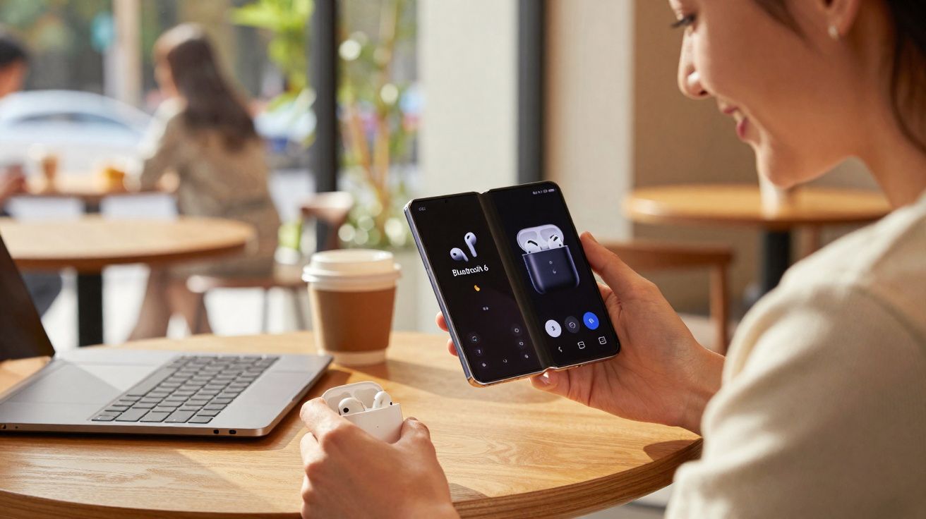 Pessoa conectando fones de ouvido sem fio ao celular dobrável em uma cafeteria moderna.