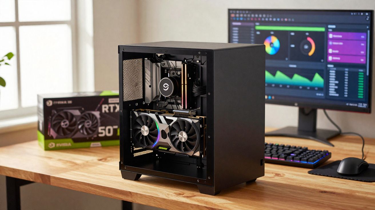 Computador gamer preto com hardware visível em mesa de madeira, monitor e caixa de placa de vídeo NVIDIA RTX ao fundo.