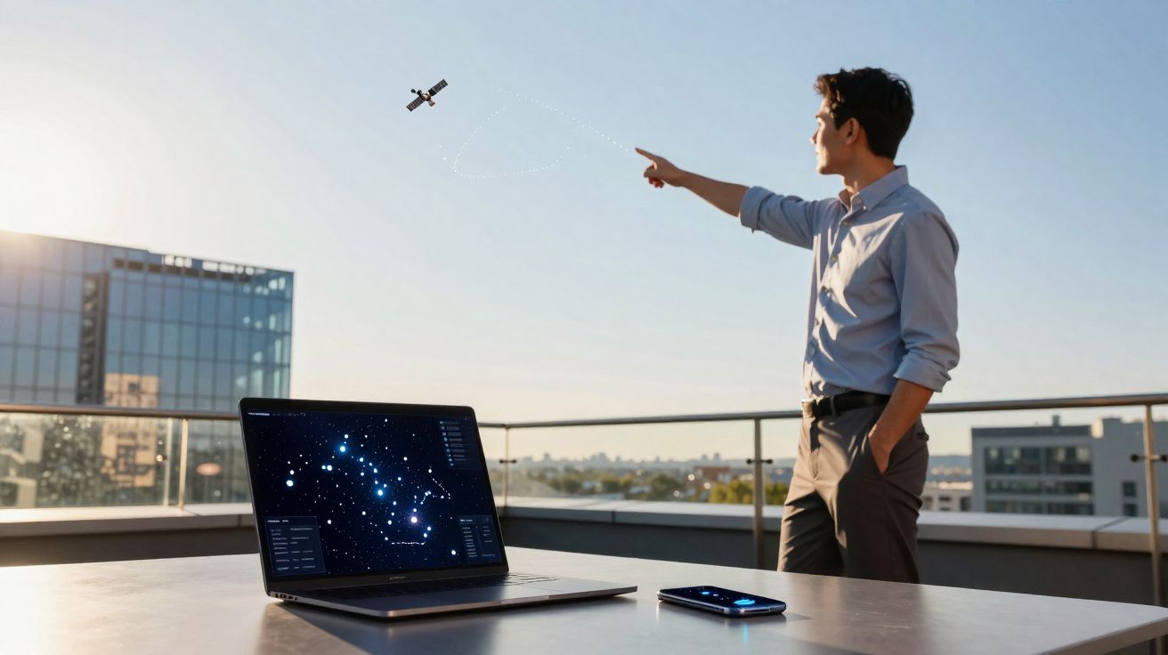 Homem aponta para pequeno satélite no céu enquanto observa constelações em tela de notebook ao ar livre.