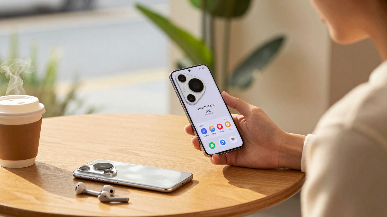 Pessoa segurando smartphone em mesa com outro celular, fones sem fio e copo de café com vapor.