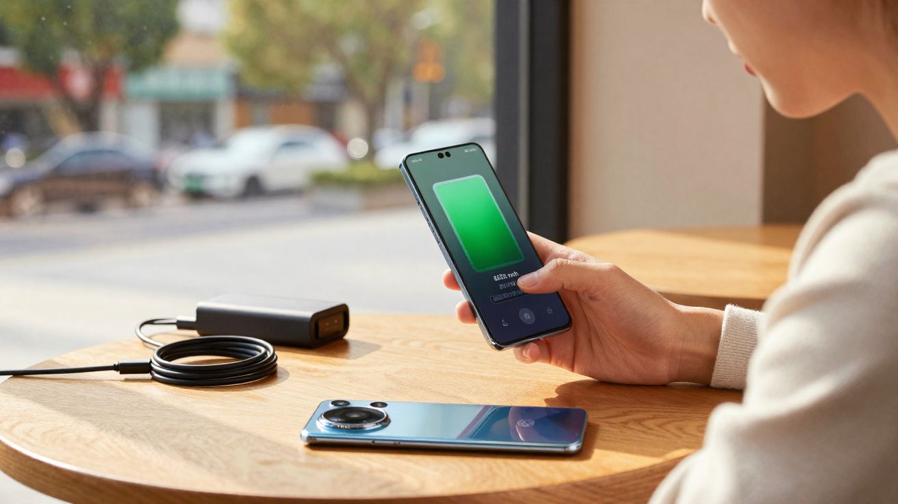 Pessoa segurando celular com a tela mostrando bateria carregando, perto de outra aparelho e carregador preto sobre mesa.