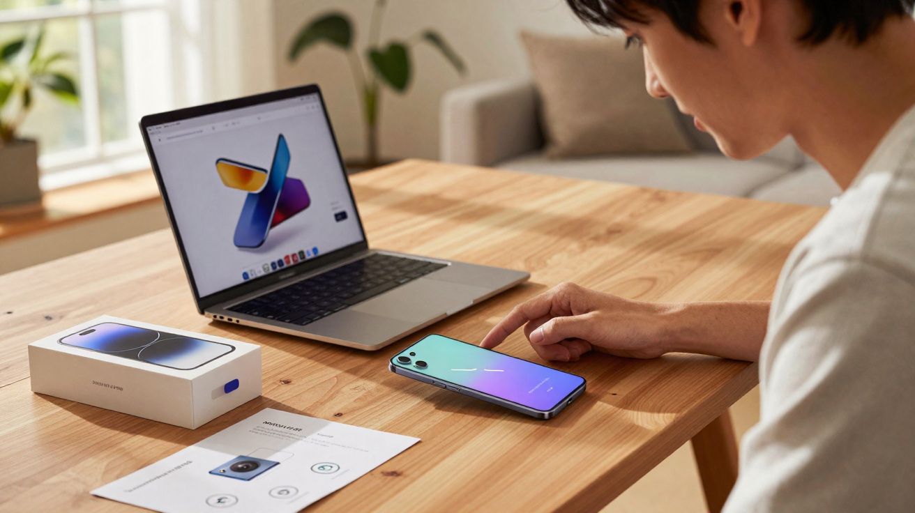 Pessoa usando smartphone azul sobre mesa ao lado de notebook, caixa do celular e manual em ambiente iluminado.