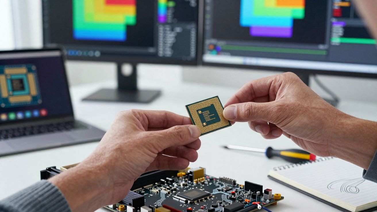 Pessoa segurando chip de computador perto de placa-mãe com monitores ao fundo exibindo gráficos coloridos.
