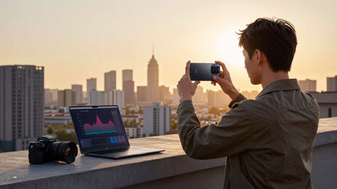 Homem tira foto ao pôr do sol em cobertura com laptop e câmera sobre o parapeito, e prédios ao fundo.