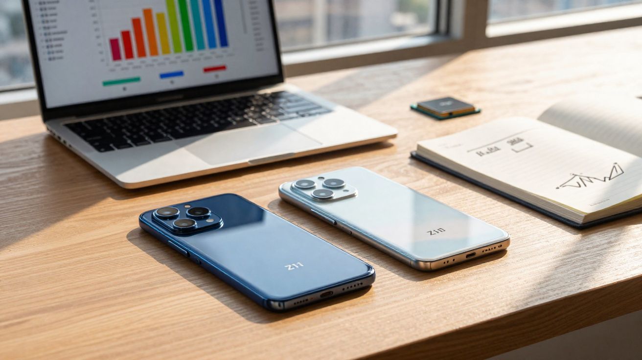 Mesa de madeira com dois smartphones Z11, notebook exibindo gráfico colorido e caderno com anotações.