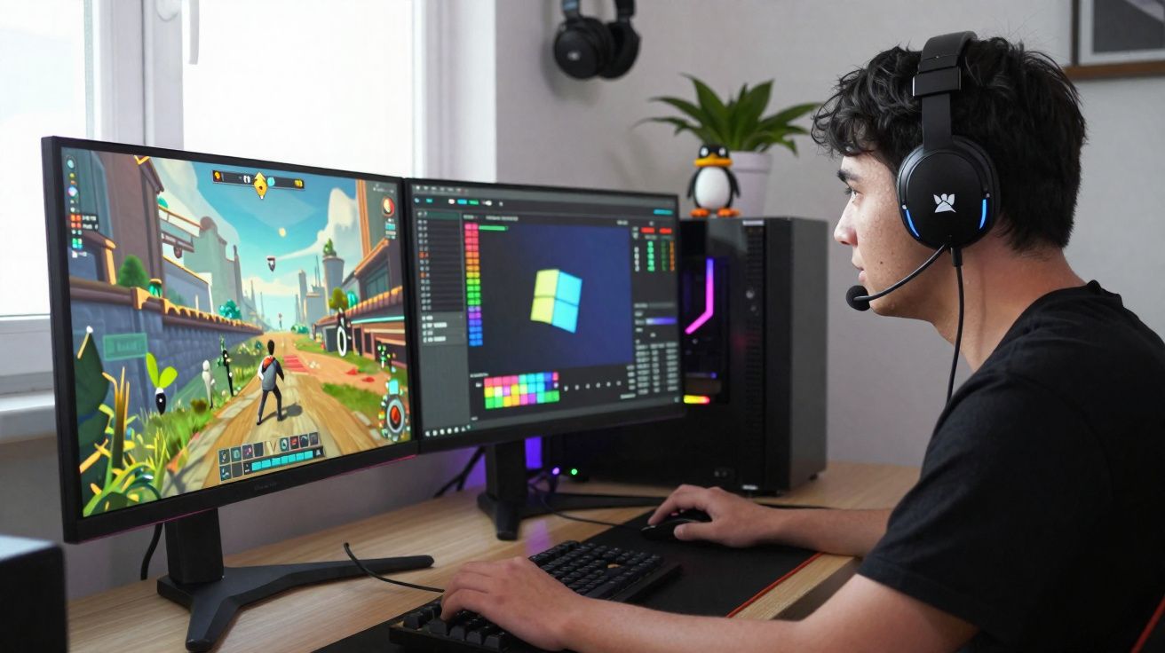 Jovem usando fone com microfone jogando e editando gráficos em computador com duas telas.