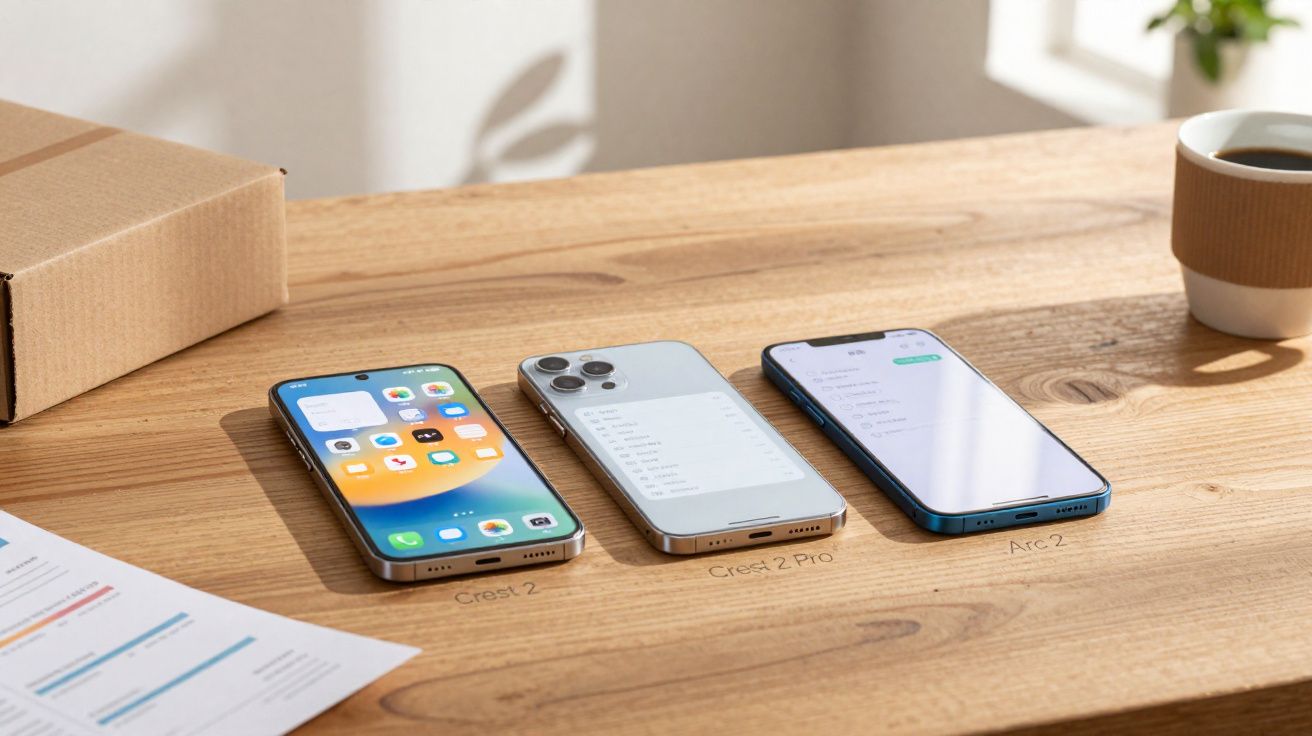 Três smartphones posicionados sobre mesa de madeira, ao lado de caixa, papel e copo de café.