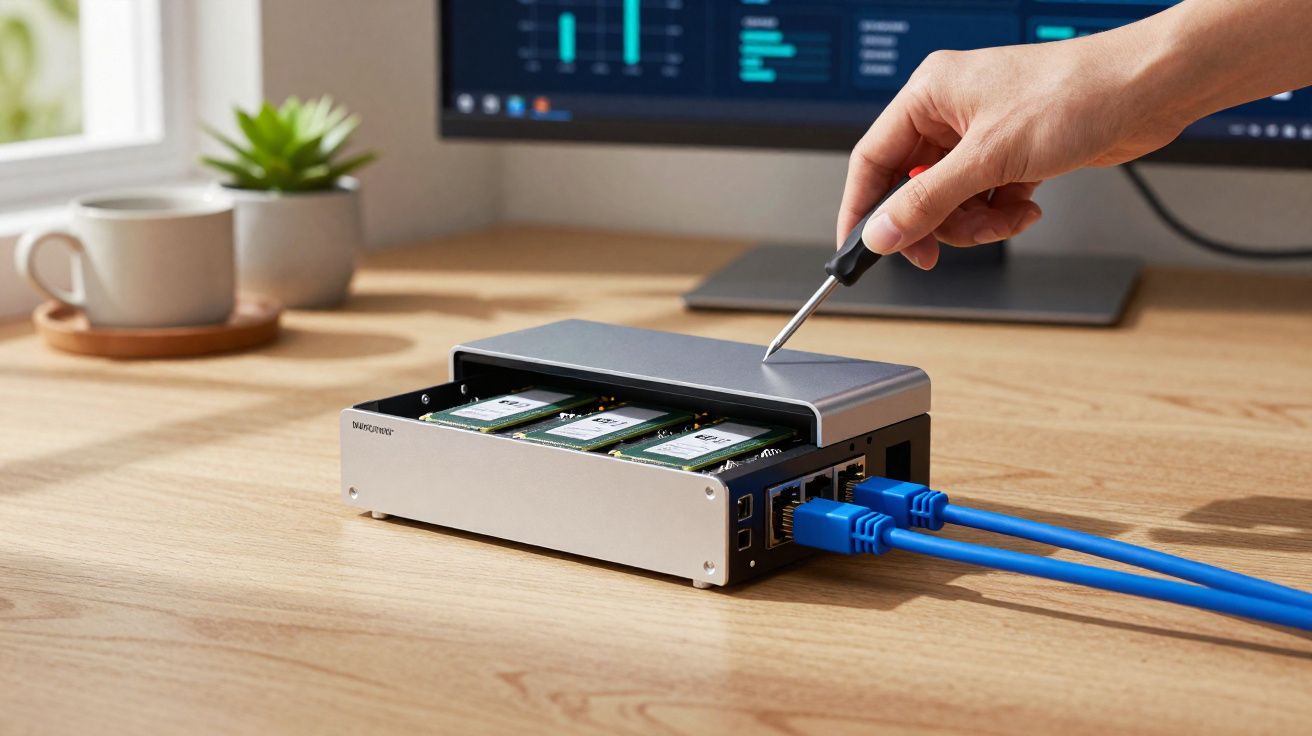 Mão usando chave de fenda para abrir caixa com memórias RAM conectada a cabos azuis sobre mesa de madeira.